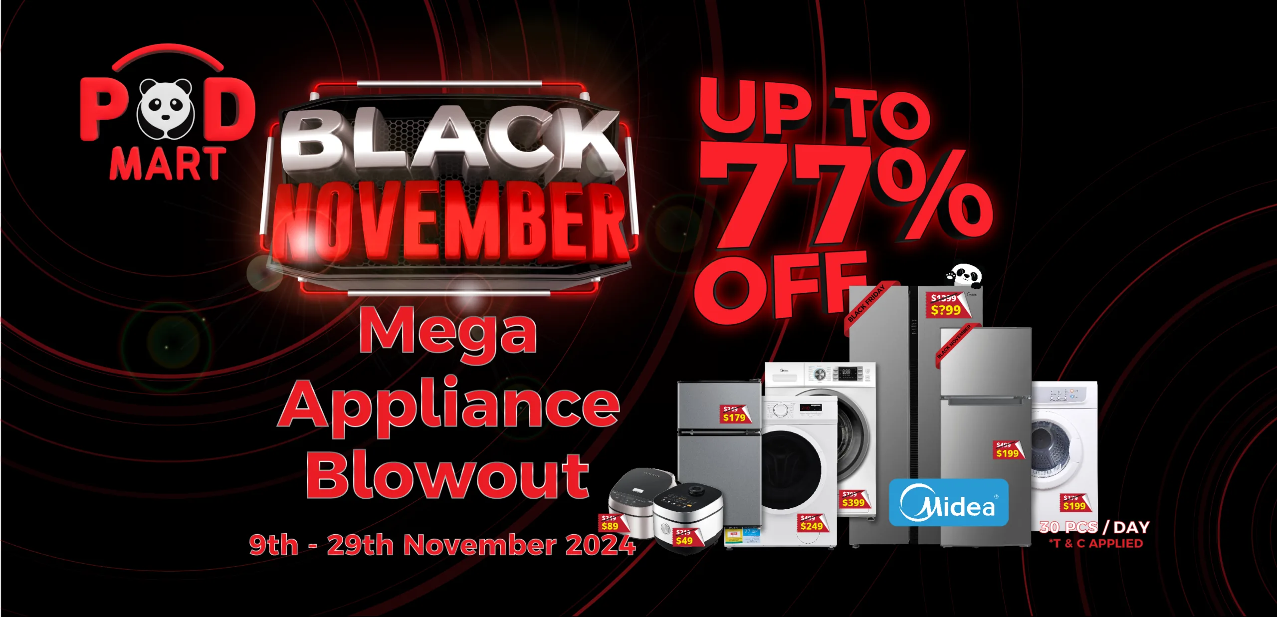 “🔥 MEGA SALE ALERT! 🔥 Up to 77% off select appliances, Nov 9-29. 30 pieces available daily!